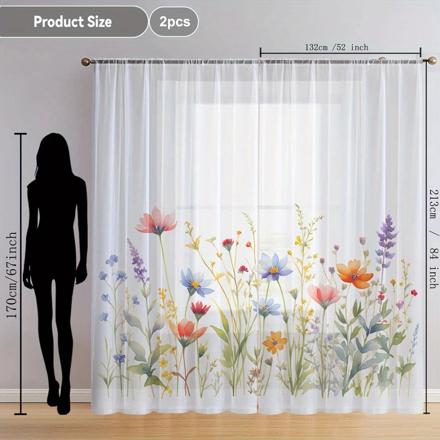 2PCS Digital Print Sheer Curtains, Colorful Wildflowers Meadow, Nature Floral Garden for Bedroom Living Room Home Decor