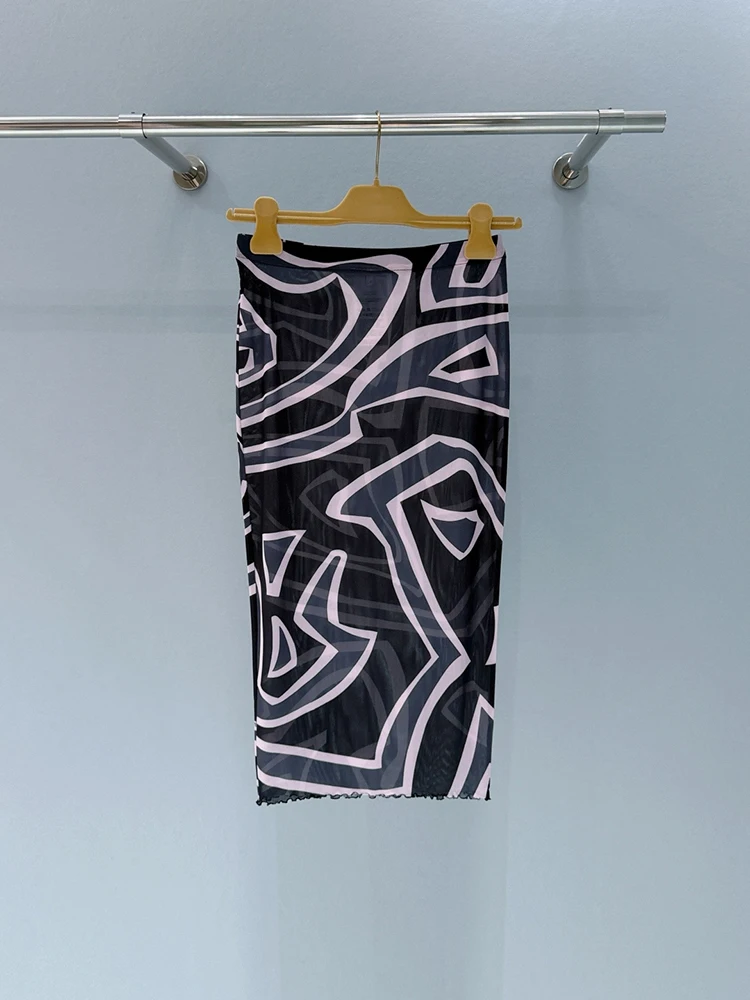Summer Fashion Sexy Translucent Geometric Print Silk Midi Pencil Skirt Women's Party Elegant Buttock Covering Long Skirt
