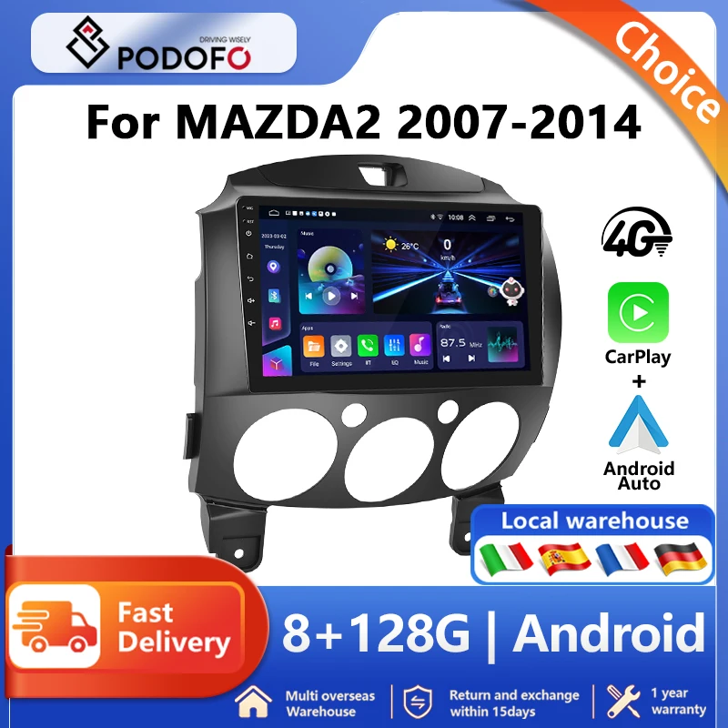 Podofo  Android Carplay Car Radio For MAZDA 2 2007-2014 Android Auto 4G Multimedia Player GPS Navigation RDS Radio