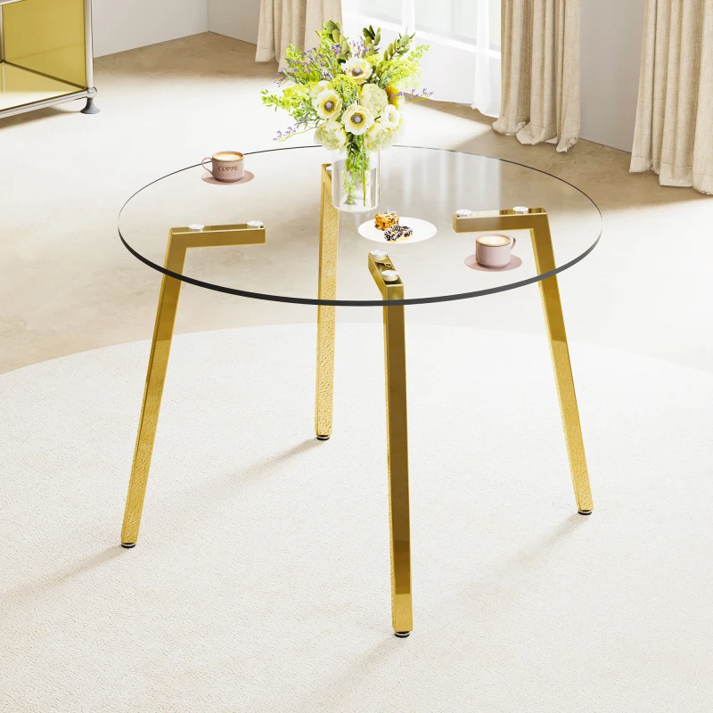 

Modern minimalist style circular transparent tempered glass table, tempered glass tabletop, golden metal legs, suitable for k