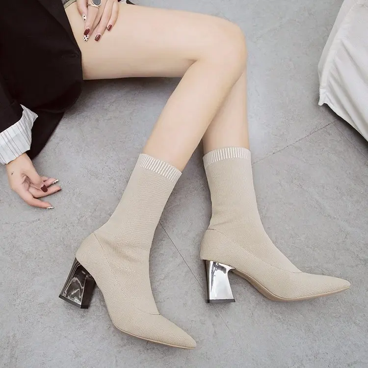 New Spring Autumn Ankle Boot Booties Female Sexy Sock Boots Knitting Stretch Boots High Heels Women Fashion Shoes