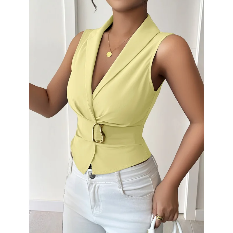 

Elegant French V-neck Sleeveless Bodysuit | Solid Color, Summer Season