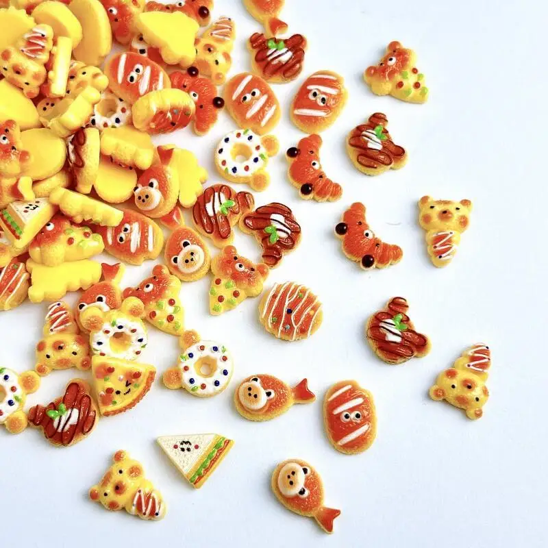 30PCS Simulated Salad Bread Donut Nail Charms Creative Cute Bear Cowhorn Sandwich Desserts Resin Nail Art Decorations DIY Nails