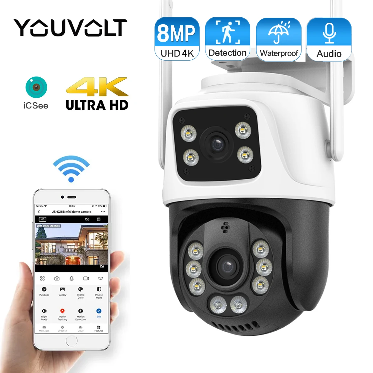 8MP 4K PTZ Wifi Camera Dual Lens with Dual Screen Ai Human Detect Auto Tracking Wireless Outdoor Surveillance Camera iCSee App