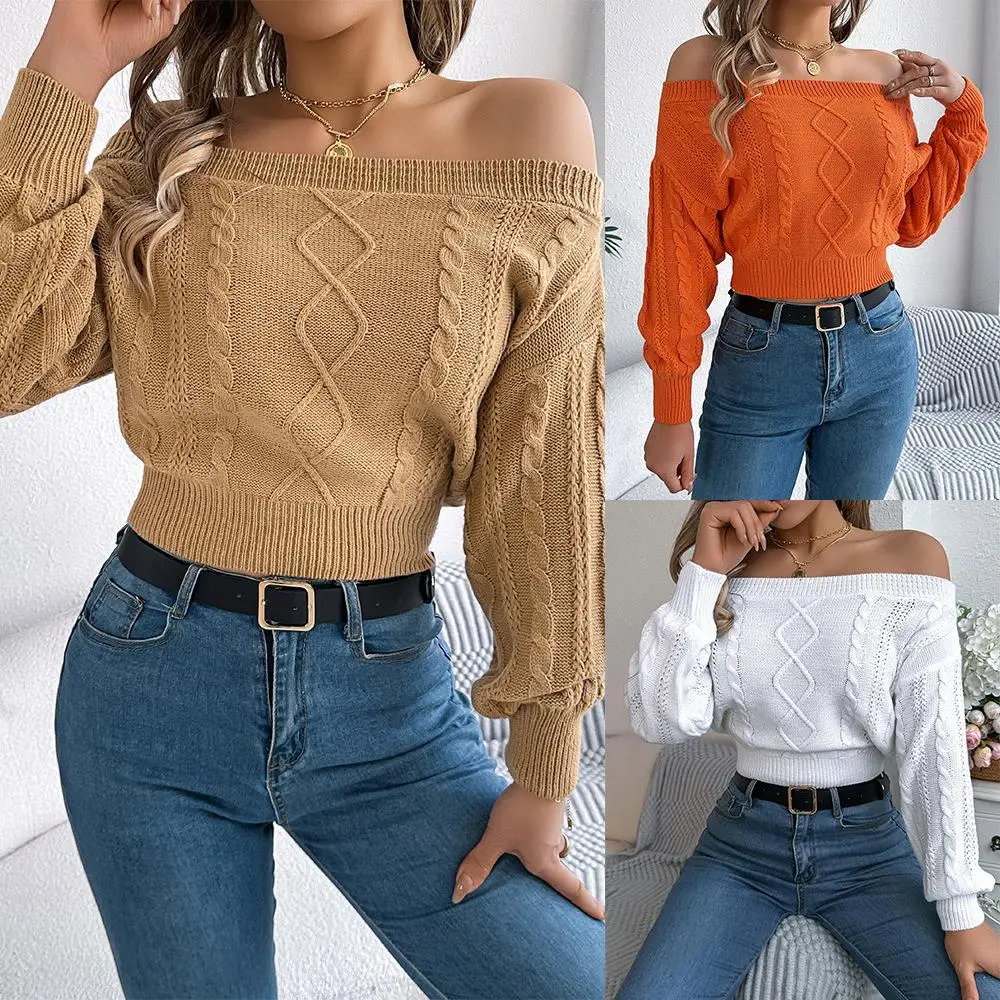 

Casual Autumn Winter Pure Color One-oulder Long Sve Overhead Sweater Independent Station Cross-Border Women's Faion