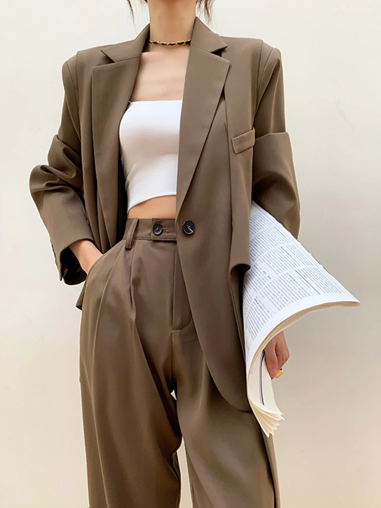 DEAT Fashion Women\'s New Solid Notched Loose Single Button Blazer High Waist Straight Long Pants Female Tide Summer 2024 17A2339