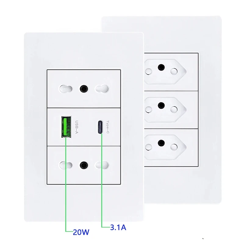 White Italy Pc Universal Socket with Usb Type-c 20W Fast Charging Usb Wall Socket Italy Electric Light Wall Switch 16a118*75