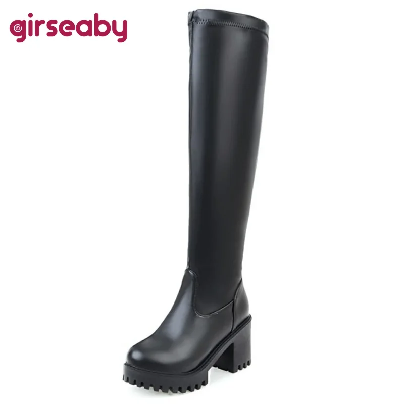 Girseaby New Big Size 34-45 14 Thick Platform Women Sexy Slip On Square High Heels Long Boots waterproof Winter Black White F198