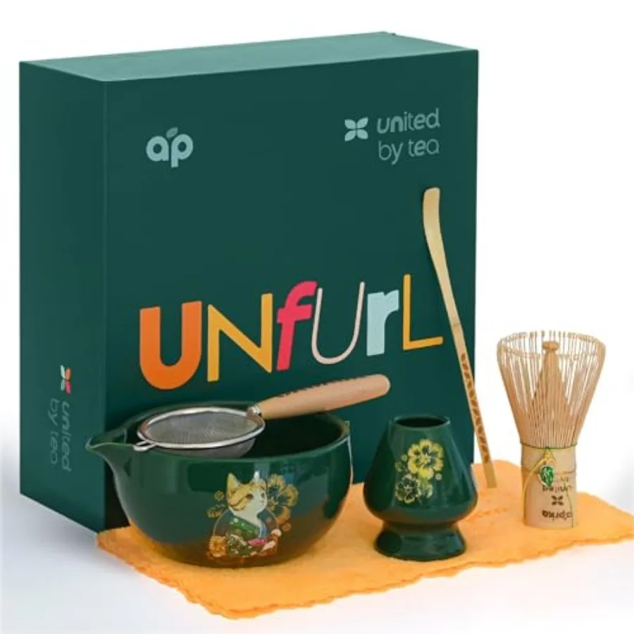 Set de Regalo de Matcha de 6 Piezas: Tazón de Cerámica, Batidor de Bambú, Soporte para Batidor, Cuchara, Tamiz y Paño, Set Tradicional Japonés para Té de Abril