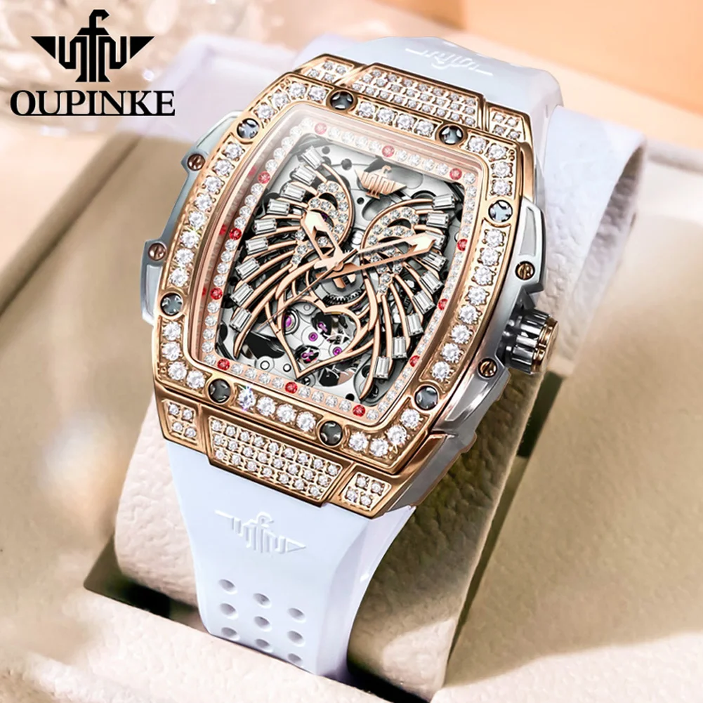 OUPINKE 3225 Automatic Ladies' Watch Silicone Strap Waterproof Skeleton Butterfly Dial Luxury Mechanical Watch for Ladies