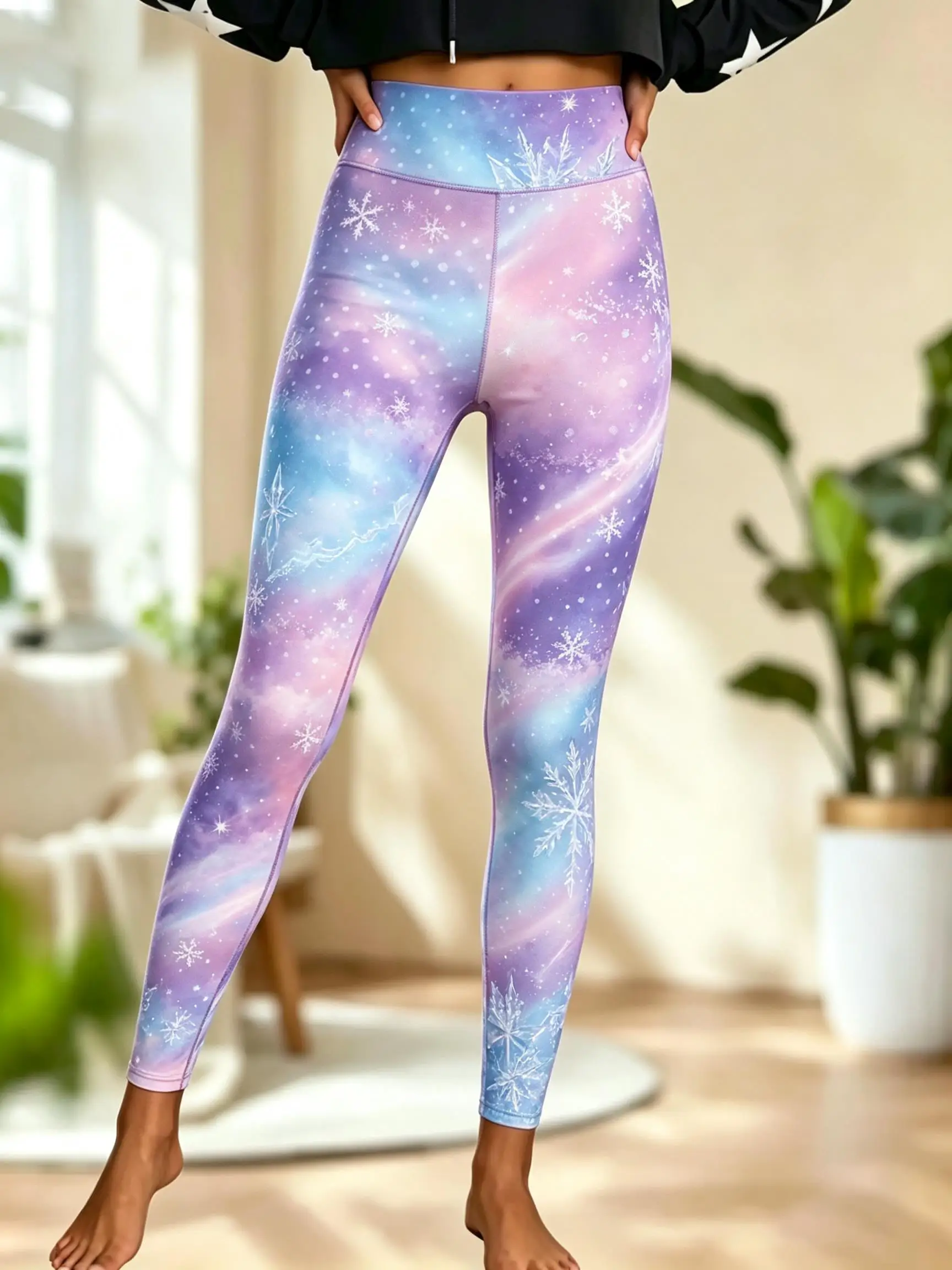 Women Fleece-Lined Mid-Rise Leggings Christmas Patchwork Candy Cane Gift Snowflake Print Slim Warm Pants - view 2