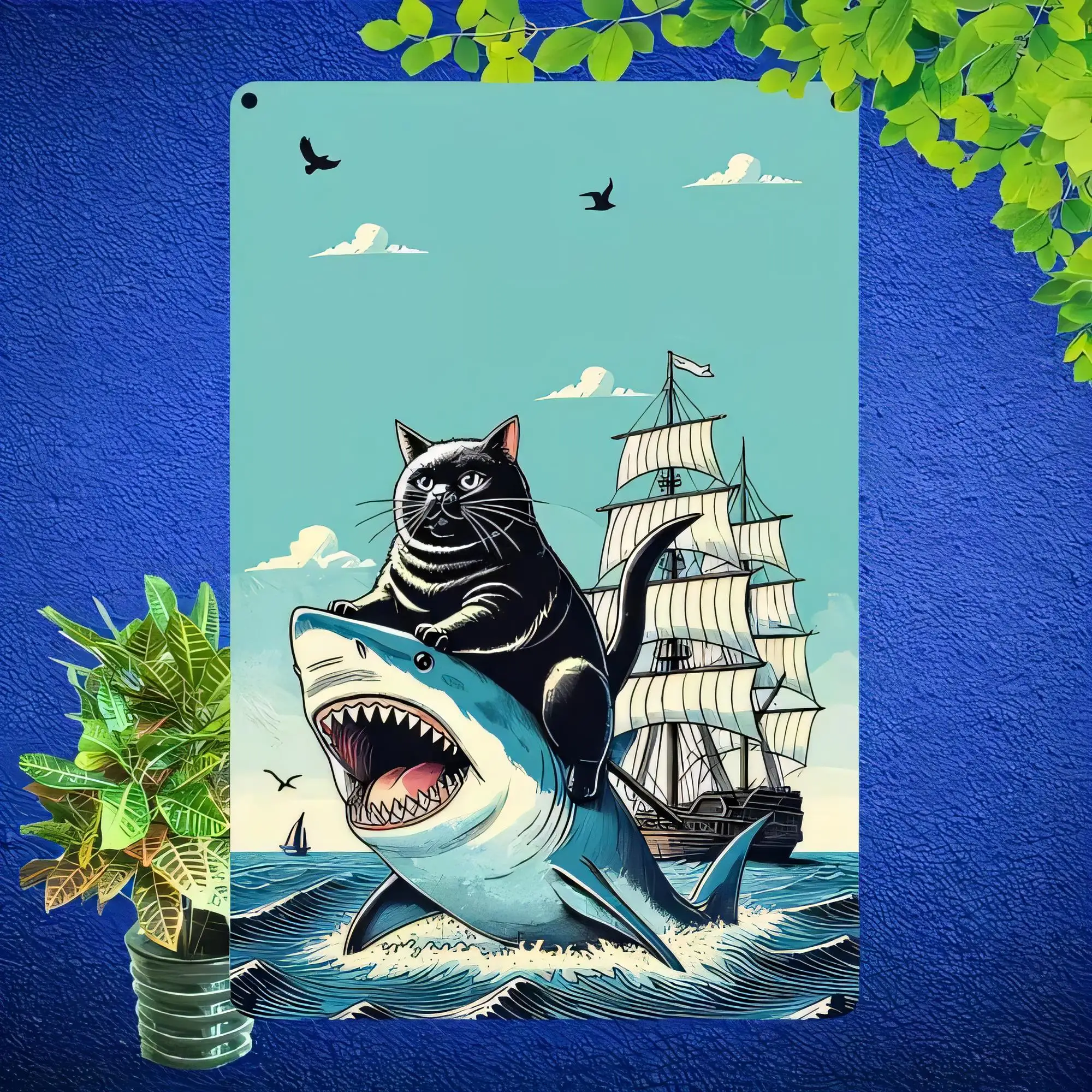 Tin Sign Vintage Cartoon Cat Riding Shark Waves Pirate Ship Metal Poster Wall Decor for Home Bar Pub Garage Kitchen Beach Nautic