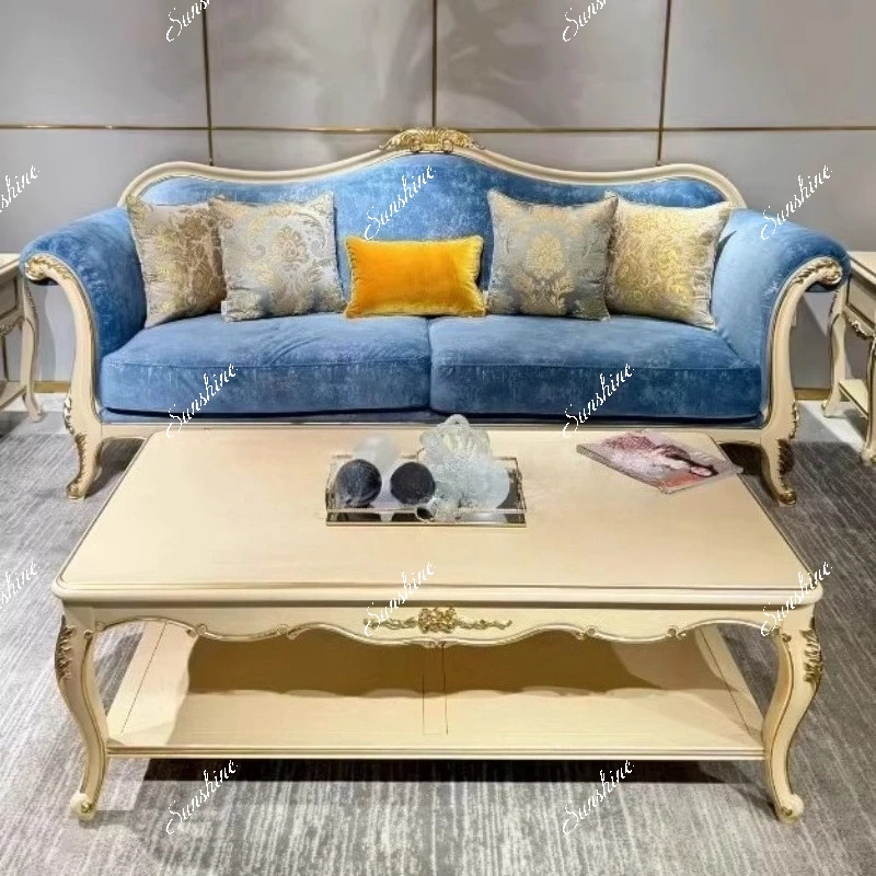 Palace solid wood sofa high-end villa living room engraved fabric three-person sofa combination