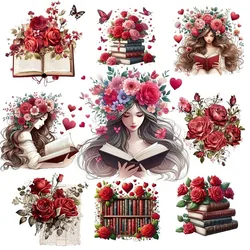 Retro Red Rose Book Reading Girl Stickers Crafts And Scrapbooking stickers kids toys book Decorative sticker DIY Stationery