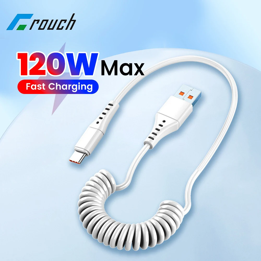 120W Spring Data Cable Retractable USB C To Type C Fast Charging Cable for iphone 15 Samsung Huawei Xiaomi Phone Charger Cord