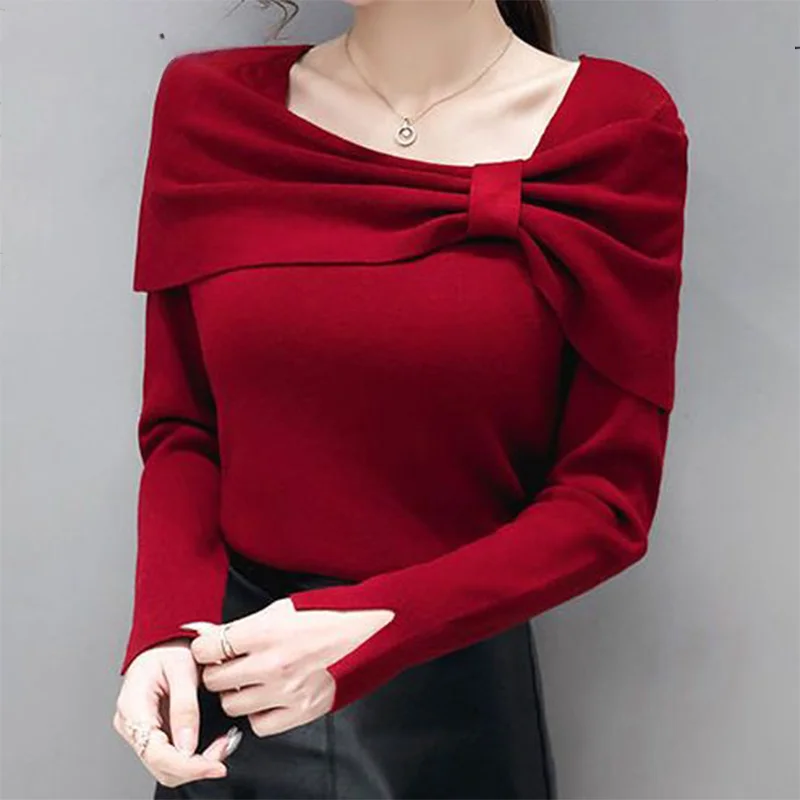 

Autumn Winter Elegant Fashion Bow Sweater Ladies Slim Solid Color Slit Knitting Pullovers Women's Vintage All-match Jumpers Top