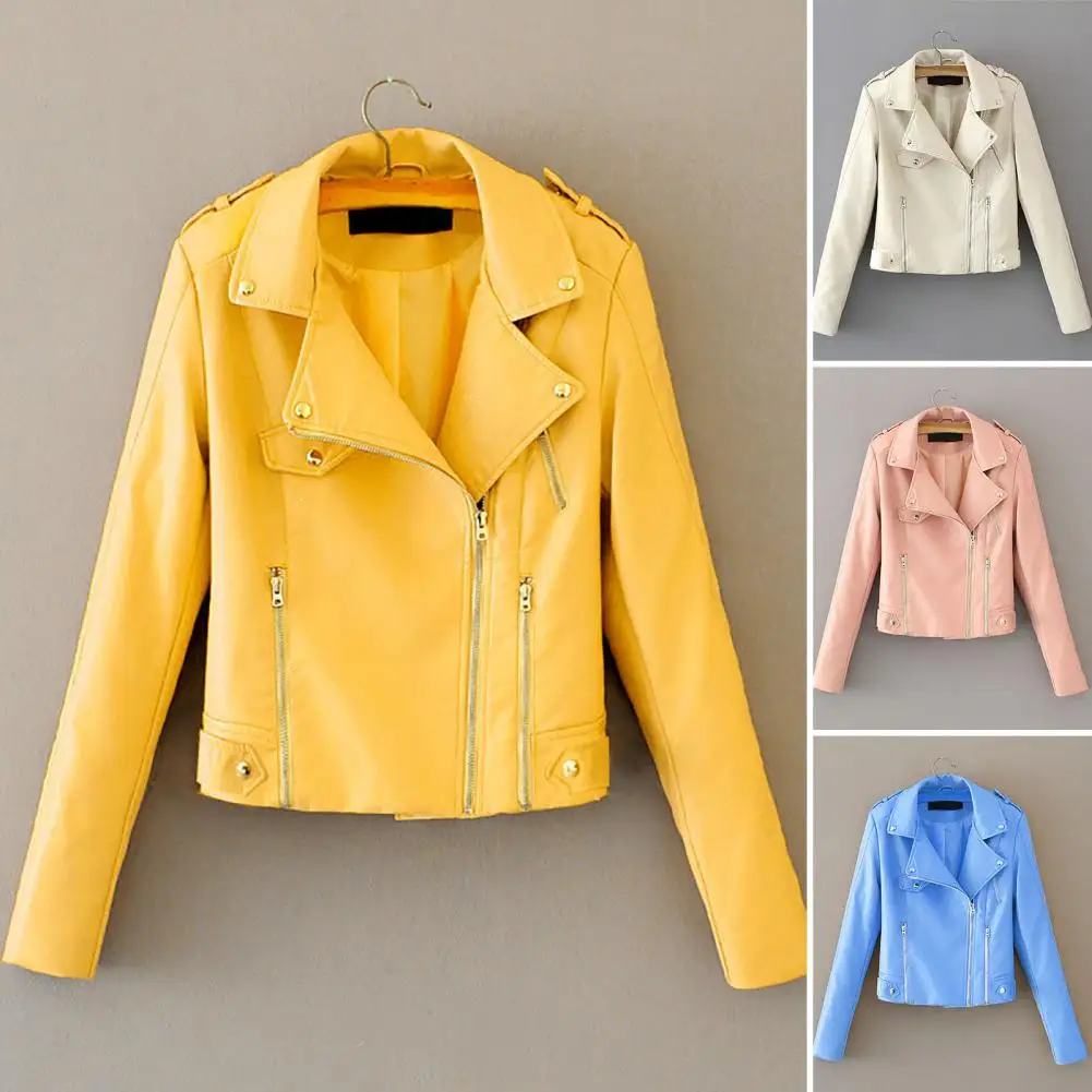 Classic Women Jacket Slim Fit Motorcycle Jacket Zipper Biker Faux Leather Jackets Coat  Windproof