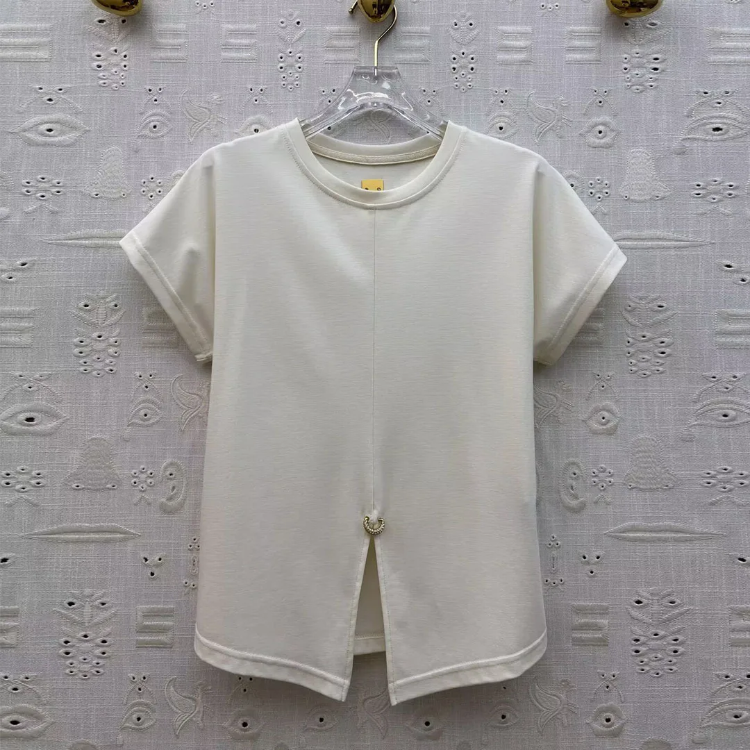 2026 New  Women O-neck Short Sleeve Split Gold Button Decoration Back Lace-up Loose Cute Tops