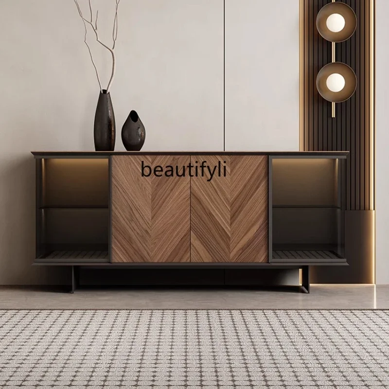 

zq1Italian light luxury solid wood walnut dining side cabinet wine cabinet living room glass storage display cabinet