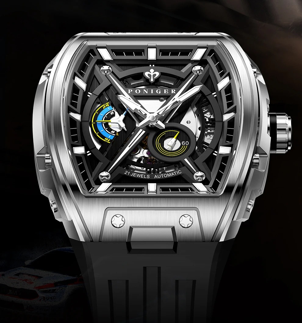 PONIGER Men's Automatic Mechanical Watch - Dual Skeleton Luminous Clock - Waterproof Switzerland Luxury Brand Japan MIYOTA P616