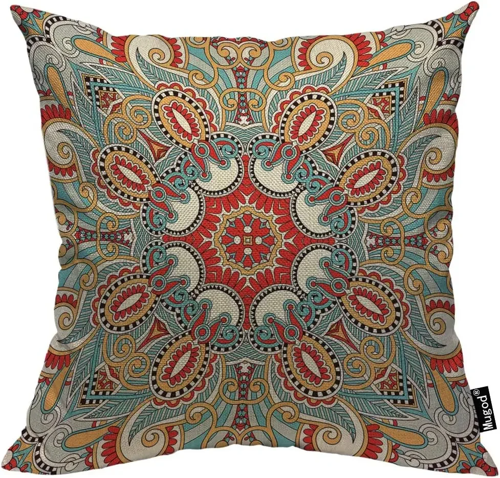 Paisley Flower Throw Pillow Cover Traditional Ethnic Floral Red Teal White Yellow Cotton Linen Square Cushion Cover Standard