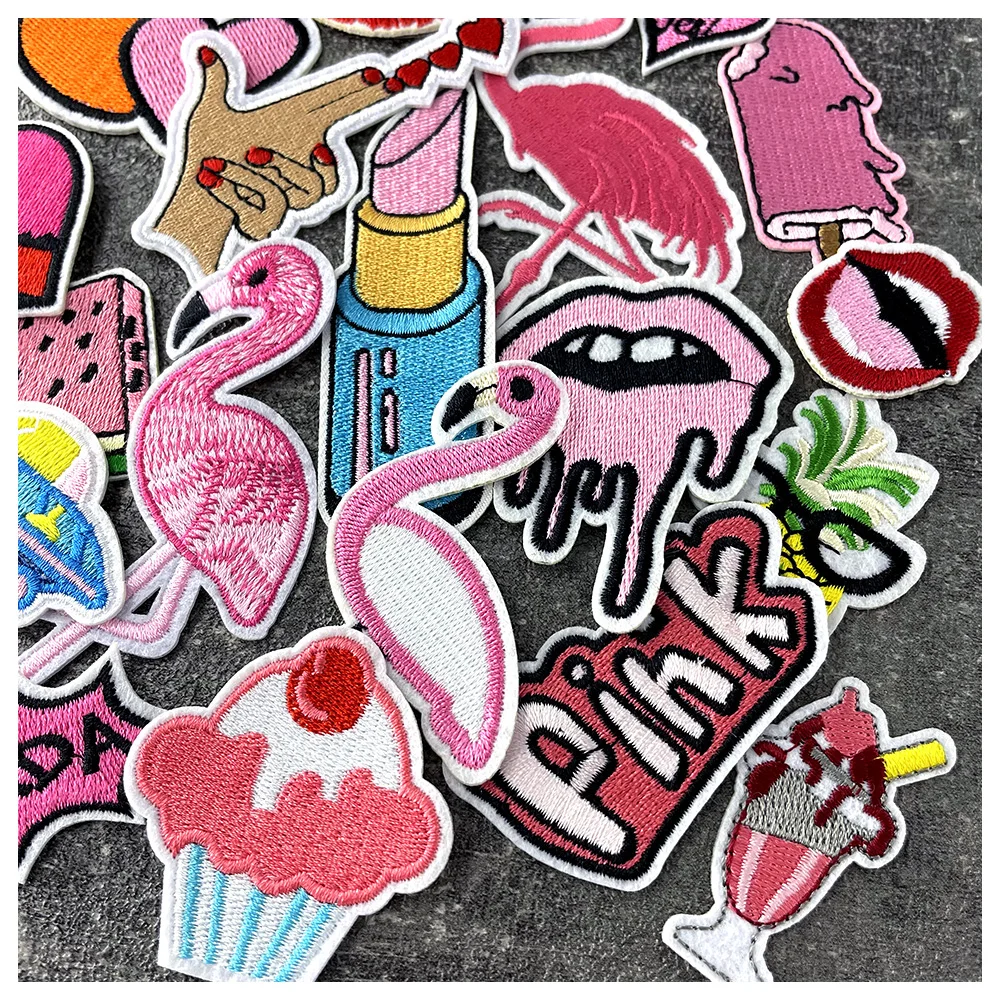 20Pcs/Lot Pink Mouth Watermelon Flamingo Iron on Patches Cloth Embroidered Applique Sewing Clothes Apparel Accessories Patch 2