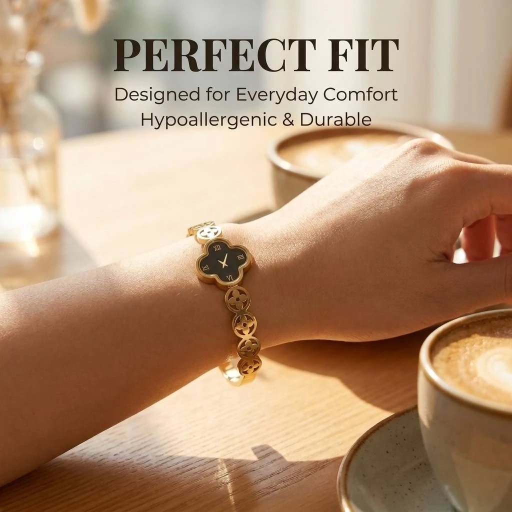 JP One Gold Color Flower Watch Design Bangle, Stainless Steel Bracelet for Women, Fashion Jewelry Gift 60mm Diameter Openable