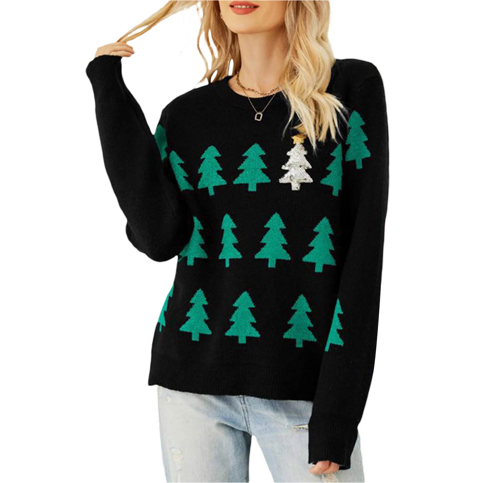 Women Christmas Sweater Snowflake Reindeer Pattern Knit Sweater Pullover Long Sleeve Crew Neck Holiday Jumper Tops