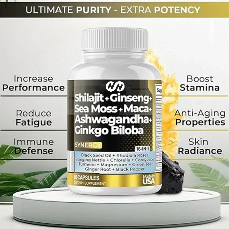 Shilajit Supplement, South African Drunken Eggplant, Seaweed, Rhodiola Rose, Ginkgo Biloba, Trace Mineral 60 Capsules