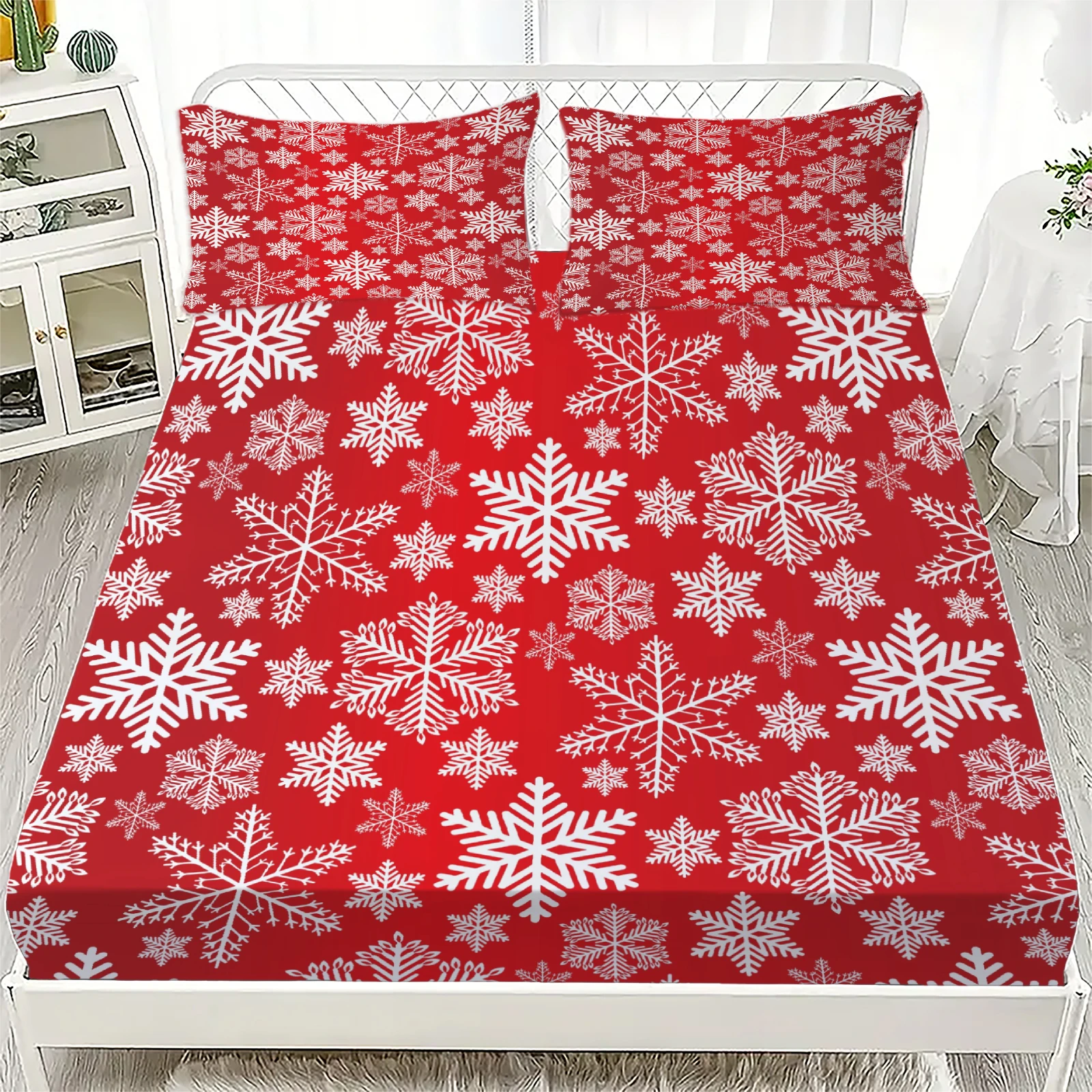 

3pcs Fitted Sheet Set Warm Winter Snowflakes 3D Printed 100% Polyester Breathable Bedding Set for Home Decor with 2 Pillowcases