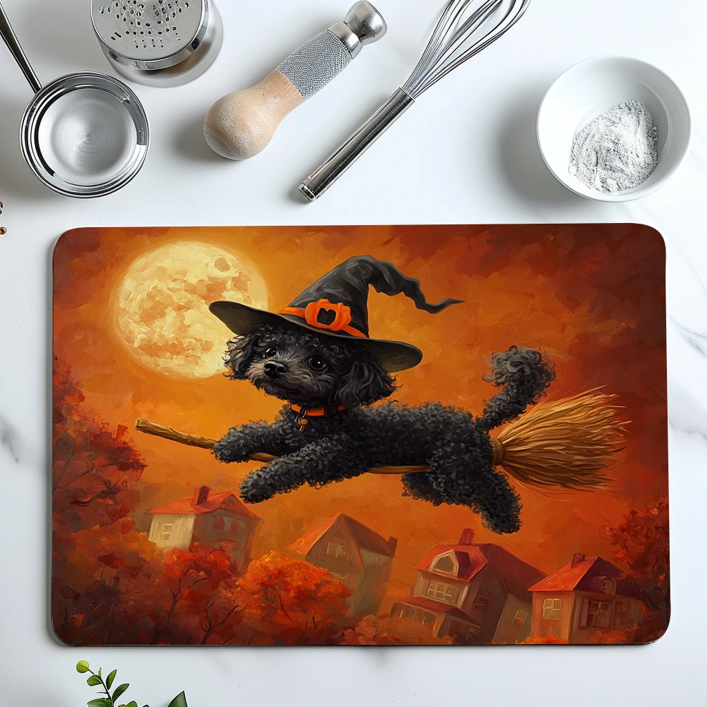 Kitchen Absorbent Drying Mat Halloween House Broom Moon Dog Kitchen Table Decoration & Accessories Color Pattern Tables Mats