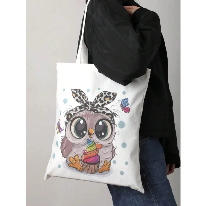 Cartoon Owl Print White Canvas Tote Bag Casual Travel Beach Shoulder Bag Large Reusable Shopping Grocery Bag