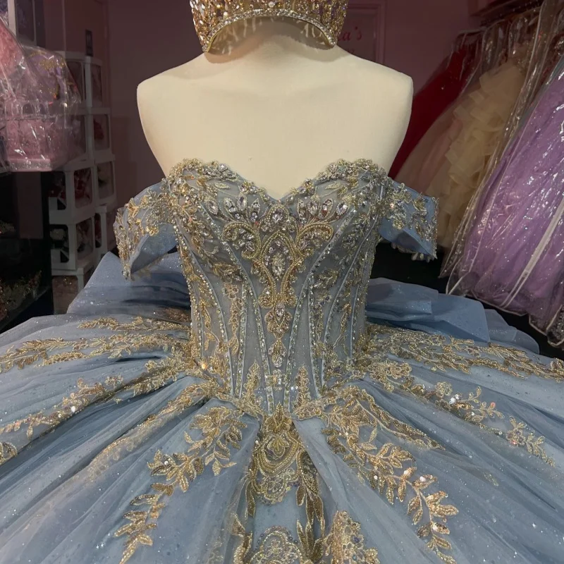 

Haze Blue Quinceanera Dress off-shoulder Golden Glitter Decal Long tail Bow vestidos de 15 Quinceanera ﻿Customized