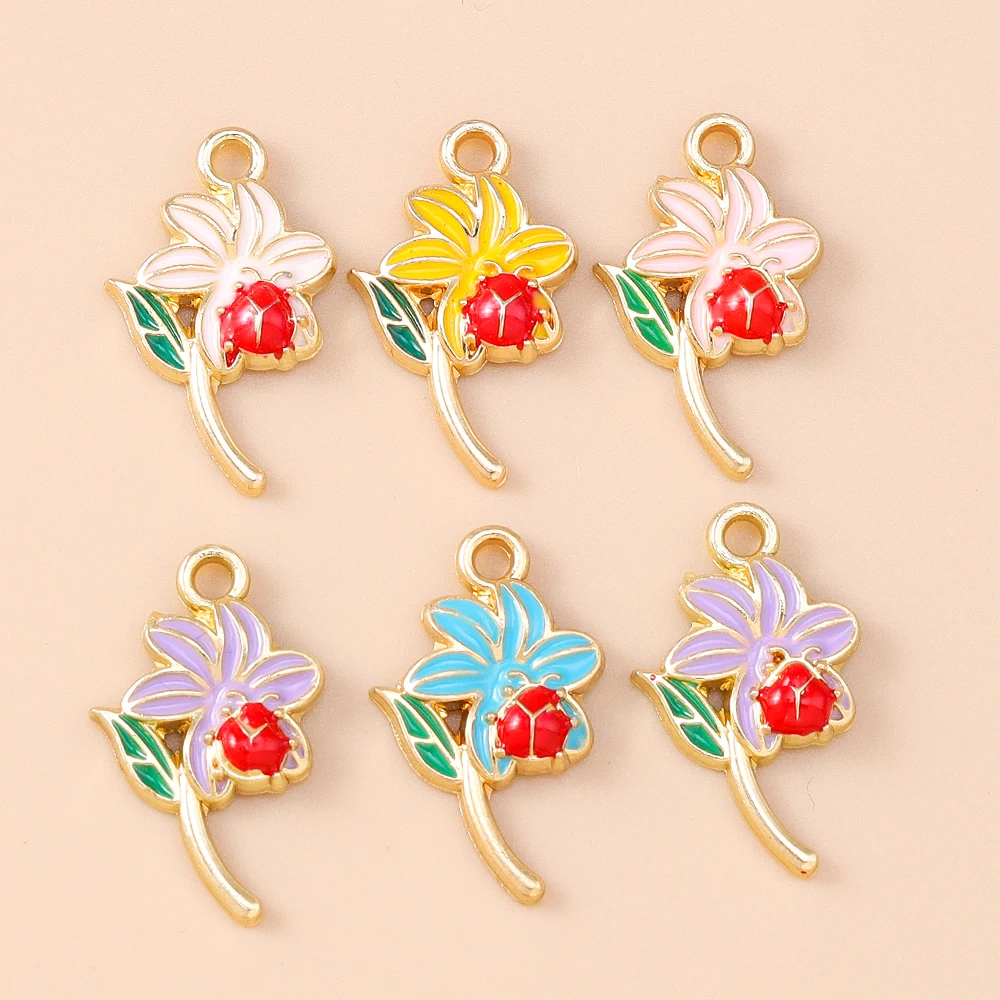 

Leslie Enamel 10pcs Insect Ladybug Flower Charms DIY Pendants for Jewelry Making Accessories Handmade Necklace Bracelet Earrings