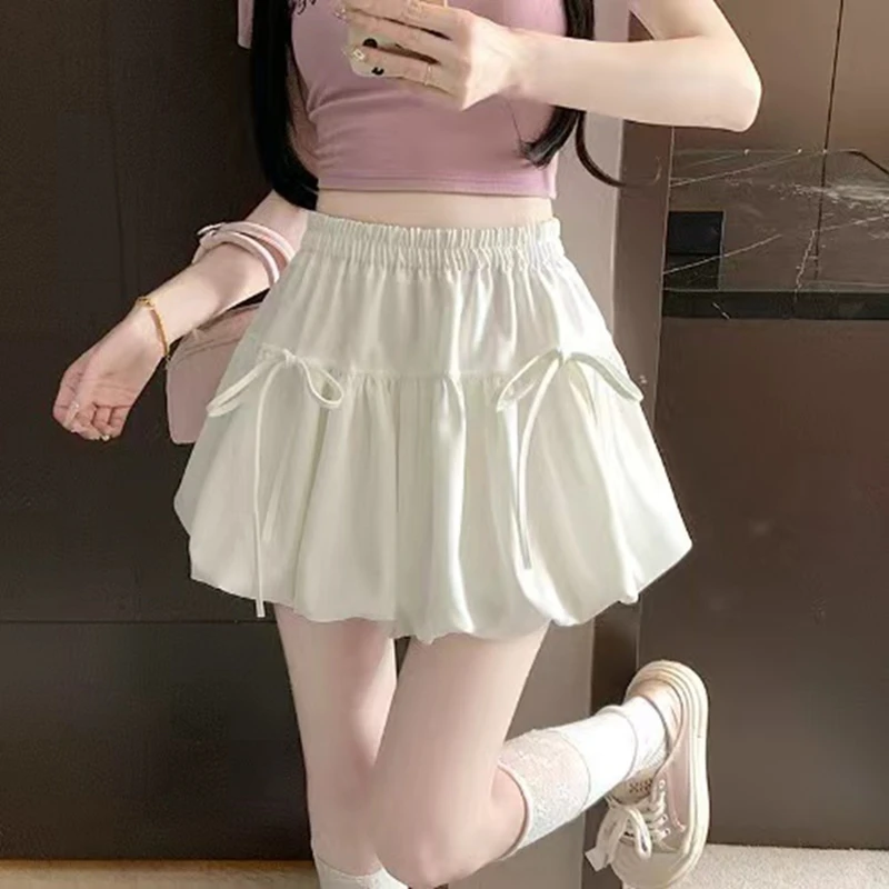 Sweet Ballet Style Bow A-Line Mini Skirts Women's Lolita High Elastic Waist Korean y2k Clothes Pleated Balloon Skirt with Shorts