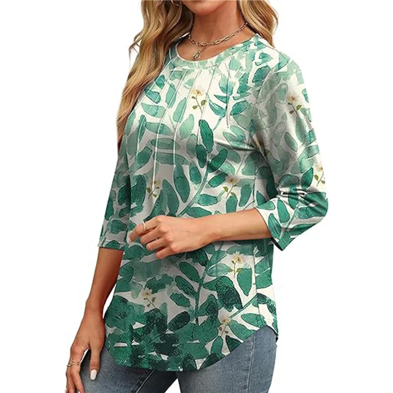 

НОВЫЕ женские топы с рукавами 3/4, повседневные топы-туники с круглым вырезом, базовые плиссированные рубашки, свободный крой, 2025 г.