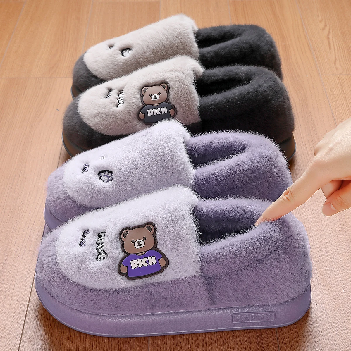 Winter Warm Cartoon Letter Bear Wrap Ankle Women Furry Slippers Fashion Thick EVA Sole Couple Men Home Cotton Plush Shoes