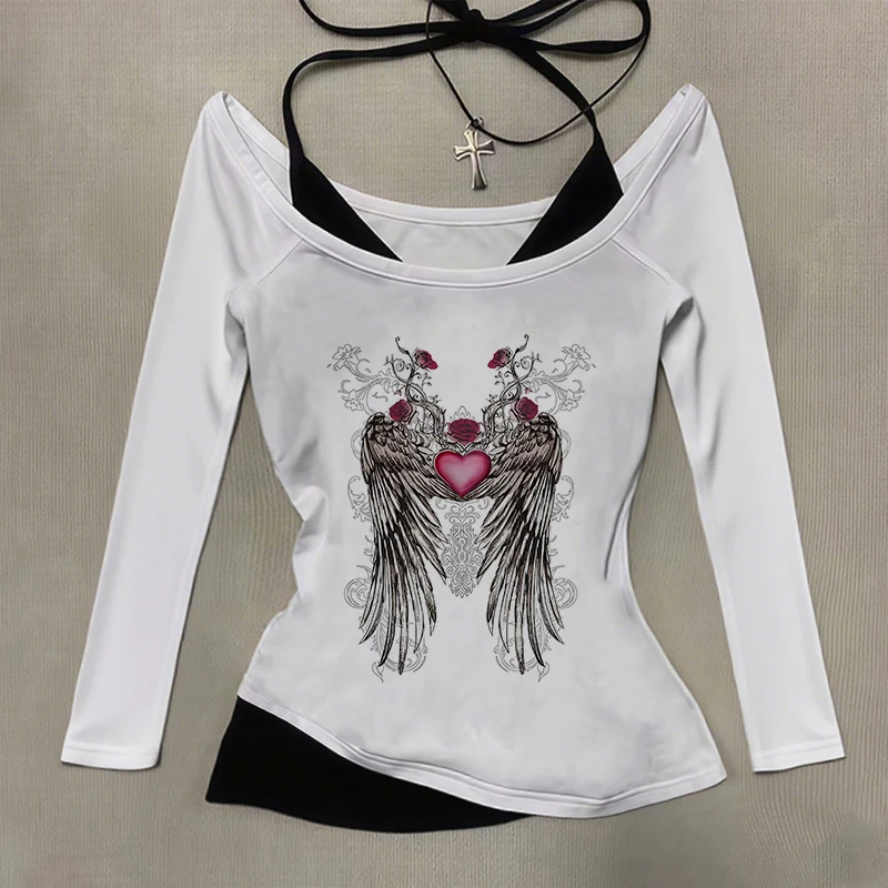 

Harajuku Aesthetics Punk Retro Casual T-Shirt Women Fashion O Neck Versatile Classics Top Gothic Creative Wing Pattern Print Tee
