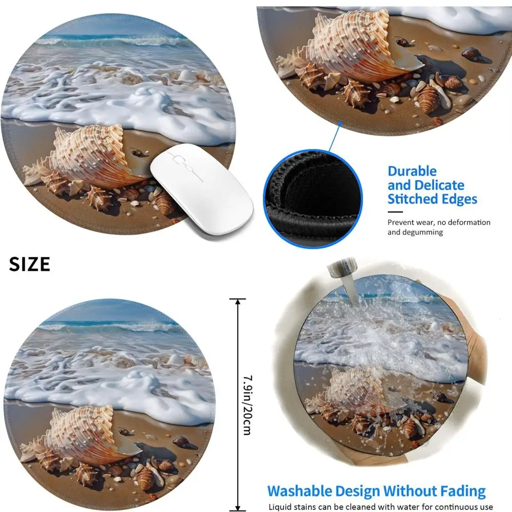 Alfombrilla de ratón para juegos con diseño de mar y conchas de 8 pulgadas con cómodo borde cosido y base de goma antideslizante, ratón de ordenador impermeable