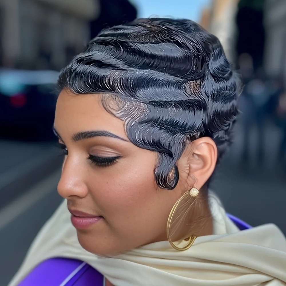 Short Finger Wave Wig Brazilian Human Hair Wig For Women Short Water Wave Deep Wave Wig Pixie Cut Wigs For Daily And Party Use image 4
