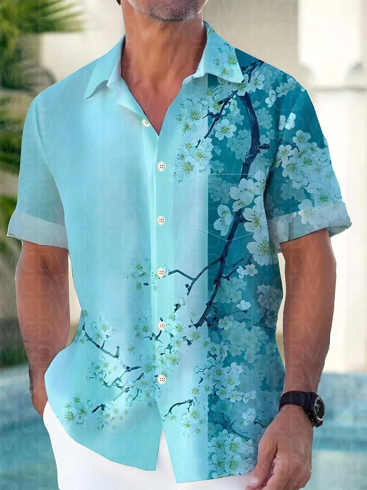 Cherry Blossoms Pattern Men's Hawaiian Shirt Stretch Easy Care Camp Shirt Big Tall