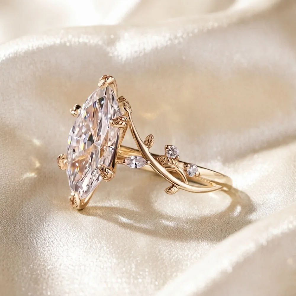 CxsJeremy 3ct Lab Grown Diamond Ring Marquise Cut 14K Gold Vine Leaf Engagement Wedding Rings for Women Luxury Bridal Jewelry view 2