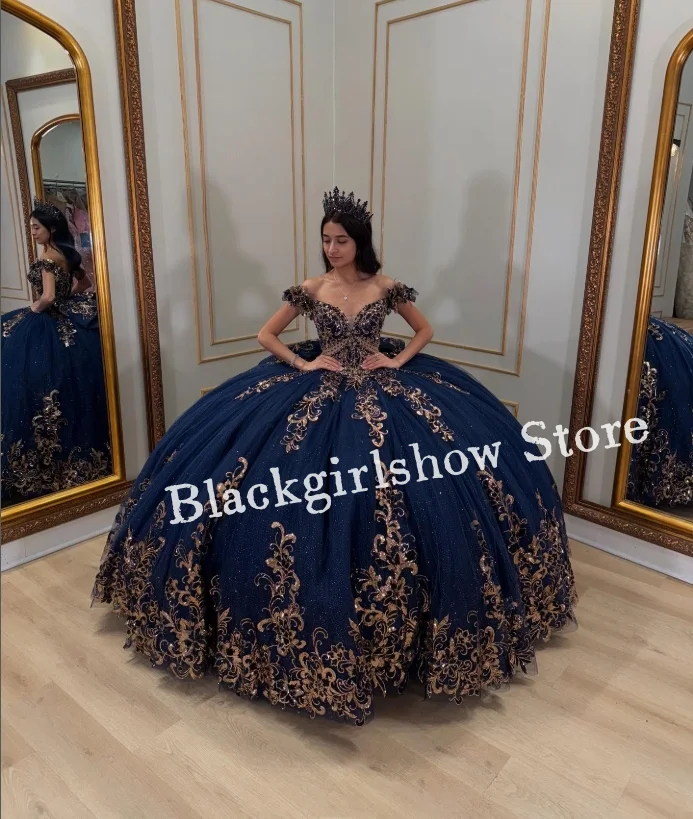 อัญมณีสีฟ้าเจ้าหญิง vestidos de 15 quinceañera ประกายปิดไหล่ลูกไม้ Applique Beaded เม็กซิโก 16 Sweetheart Corset Custom