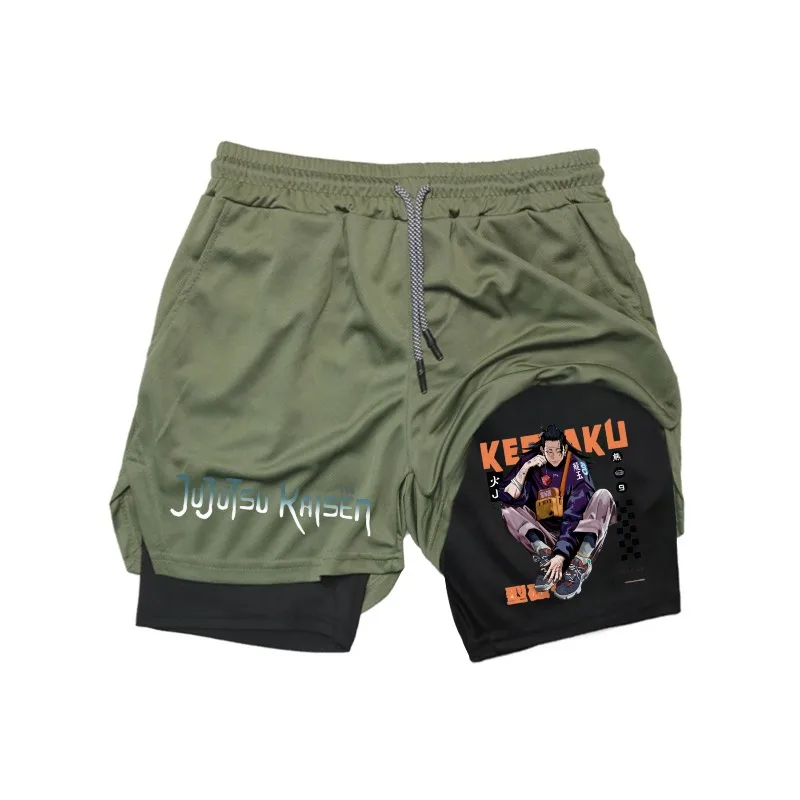 Ryomen Sukuna 2in1 Hardloopshorts Heren Gym Fitness Training Sneldrogende Korte Broek Mannelijke Outdoor Sport Jogging Ingebouwde Zak Bermuda