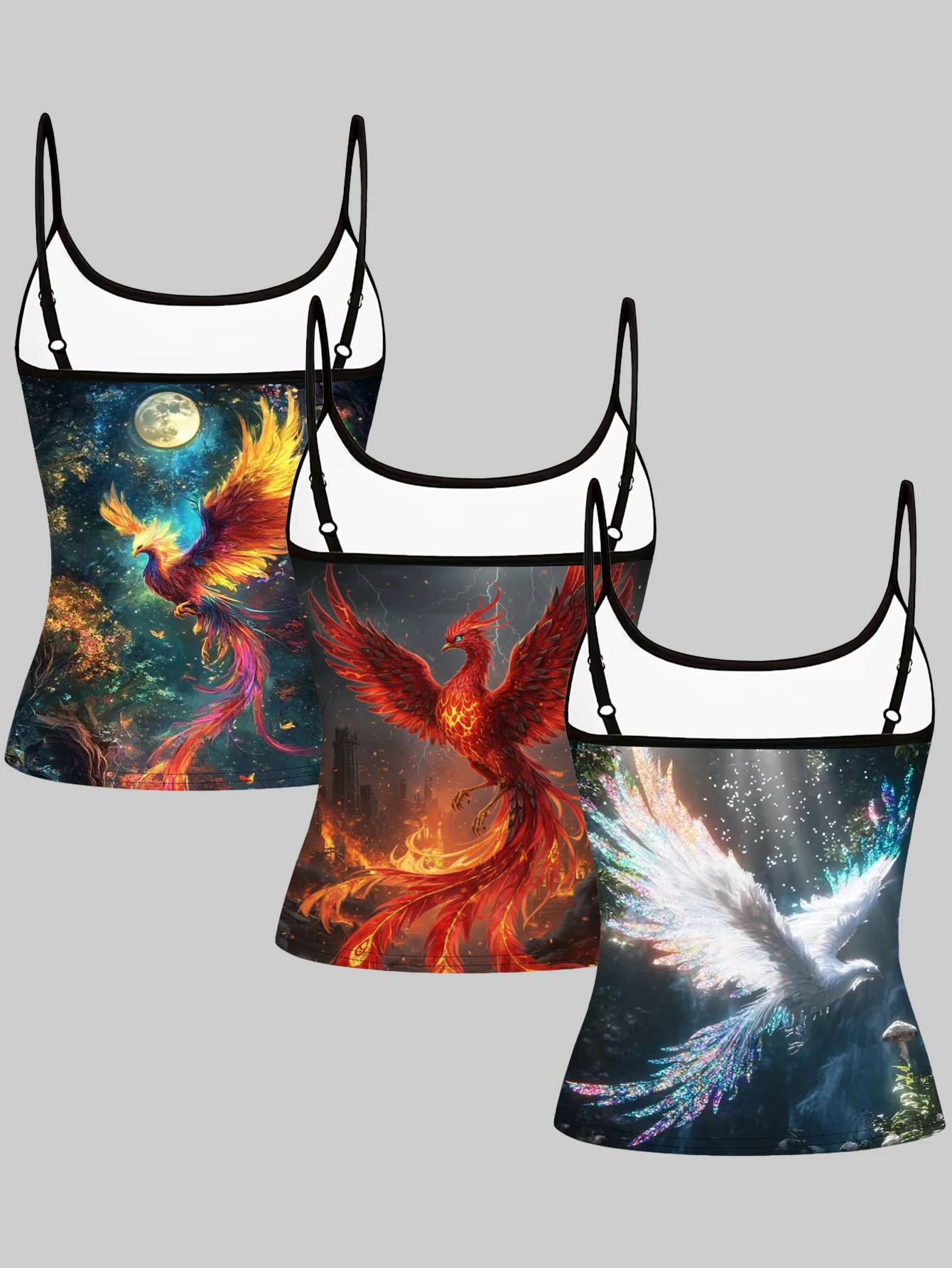 3-Pack of Phoenix Print Camisoles for Women, Chinese Style Mythological Digital Print Slim Fit Sleeveless Base Layer Tops