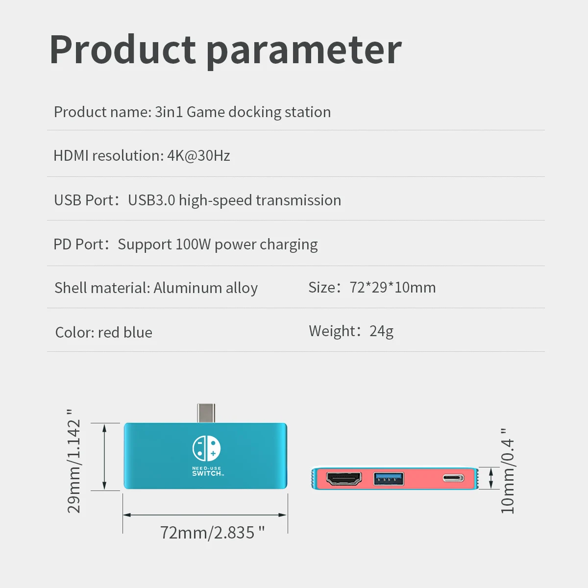 3 in 1 USB-C Hub for Nintendo Switch/OLED Multi-function Adapter TV Dock with 4K-HDMI, USB 3.0 port, PD100W Port for Macbook HP