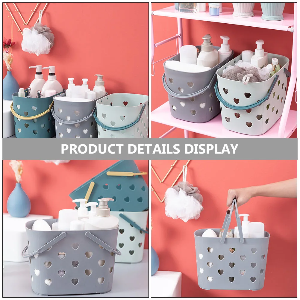 

3pcs Heart Shaped Basket Hollow Out Handheld Shower Baskets Shower Small Plastic Container Bathroom Sundry Storage Organizer