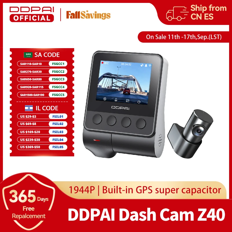 DDPAI Dash Cam Z40 Dual Car Camera Recorder Front and Rear 1944P HD GPS Wifi Car DVR 24H Parking Protector D²save Storage