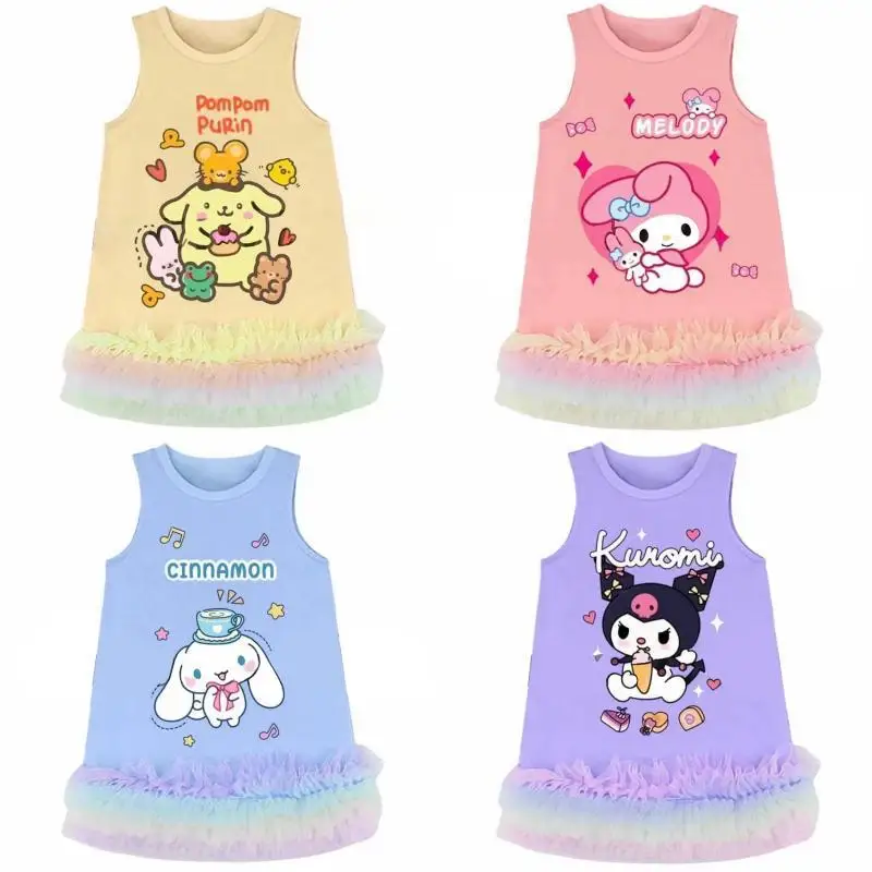 Anime Kawaii Sanrio My Melody Cinnamoroll Kuromi Purins Girl Dress Cartoon Cute Rainbow Lace Baby Dress Vest Princess Skirt Gift