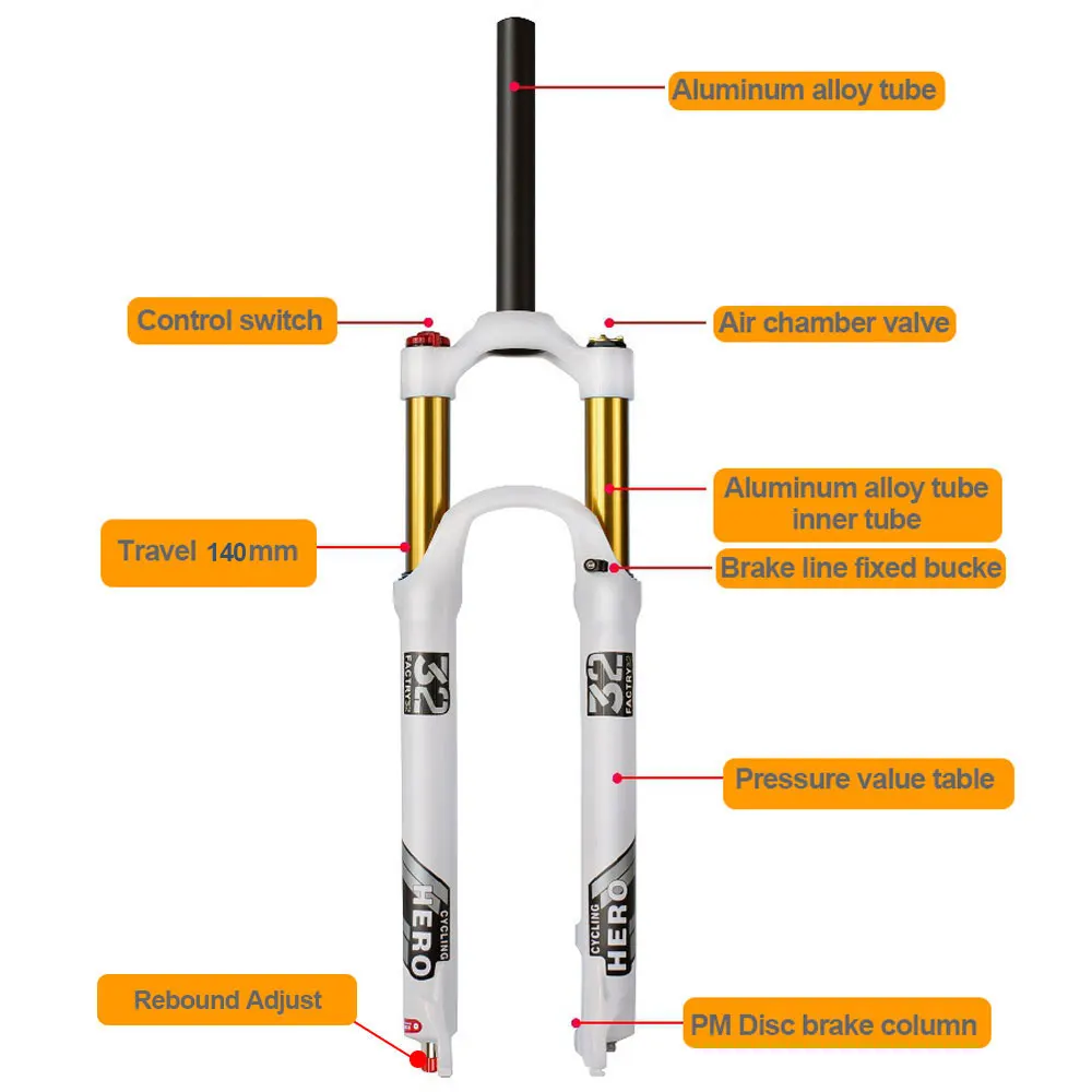 MTB Suspension Fork, Bicycle Shock Absorber, Road and Mountain Bike Compatible, White,Travel 140mm, Fits 26 \